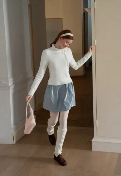 Ruffled High Neck Tie Detail Knit Sweater