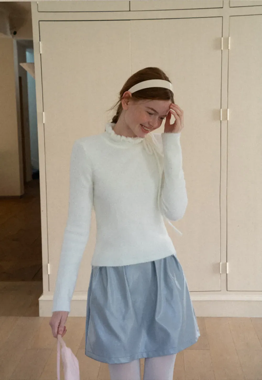 Ruffled High Neck Tie Detail Knit Sweater