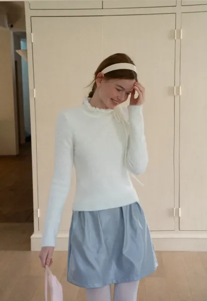 Ruffled High Neck Tie Detail Knit Sweater