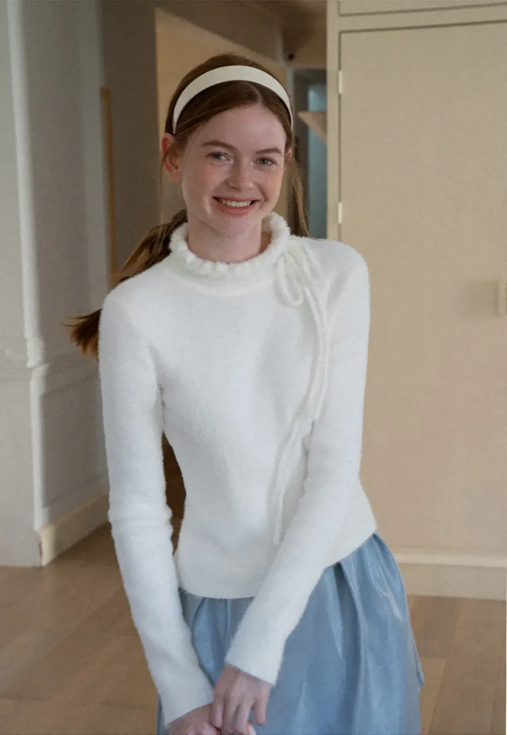 Ruffled High Neck Tie Detail Knit Sweater