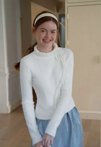 Ruffled High Neck Tie Detail Knit Sweater