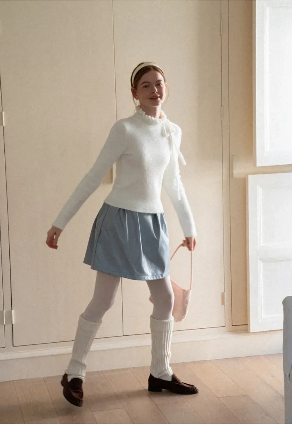 Ruffled High Neck Tie Detail Knit Sweater