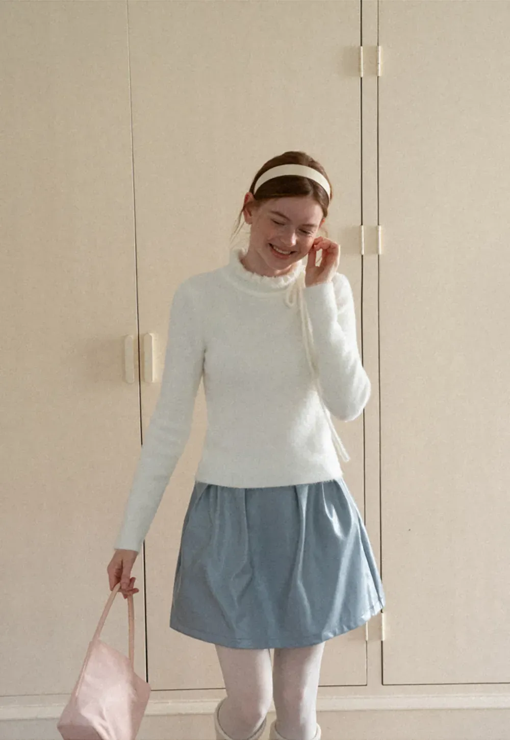 Ruffled High Neck Tie Detail Knit Sweater