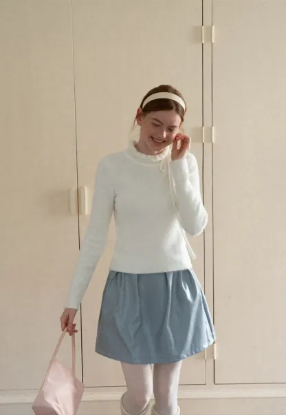 Ruffled High Neck Tie Detail Knit Sweater