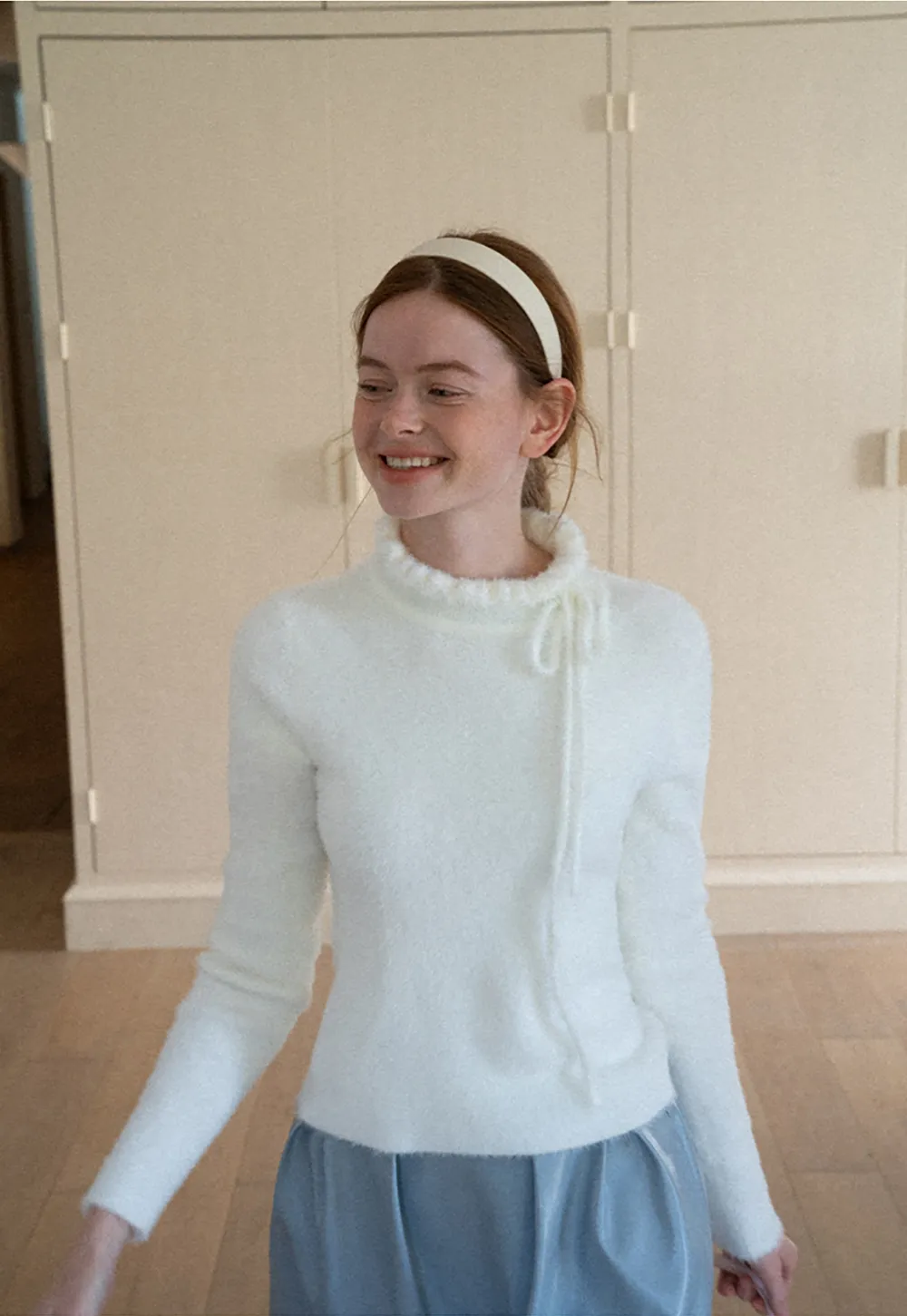 Ruffled High Neck Tie Detail Knit Sweater