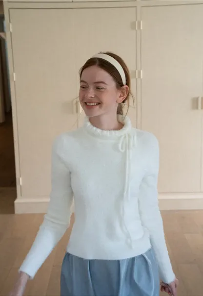 Ruffled High Neck Tie Detail Knit Sweater