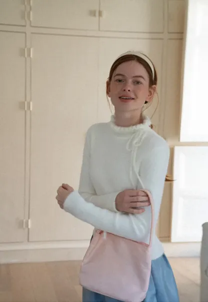 Ruffled High Neck Tie Detail Knit Sweater