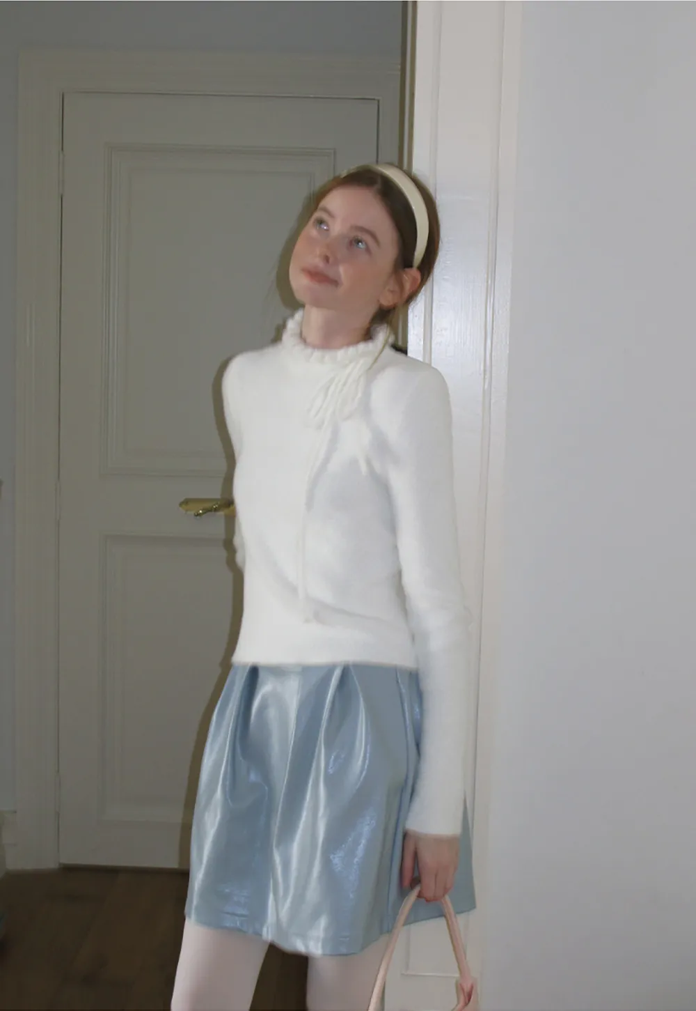 Ruffled High Neck Tie Detail Knit Sweater