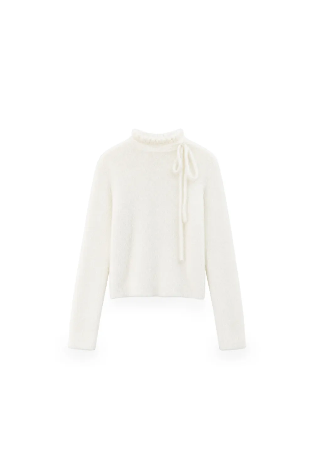 Ruffled High Neck Tie Detail Knit Sweater