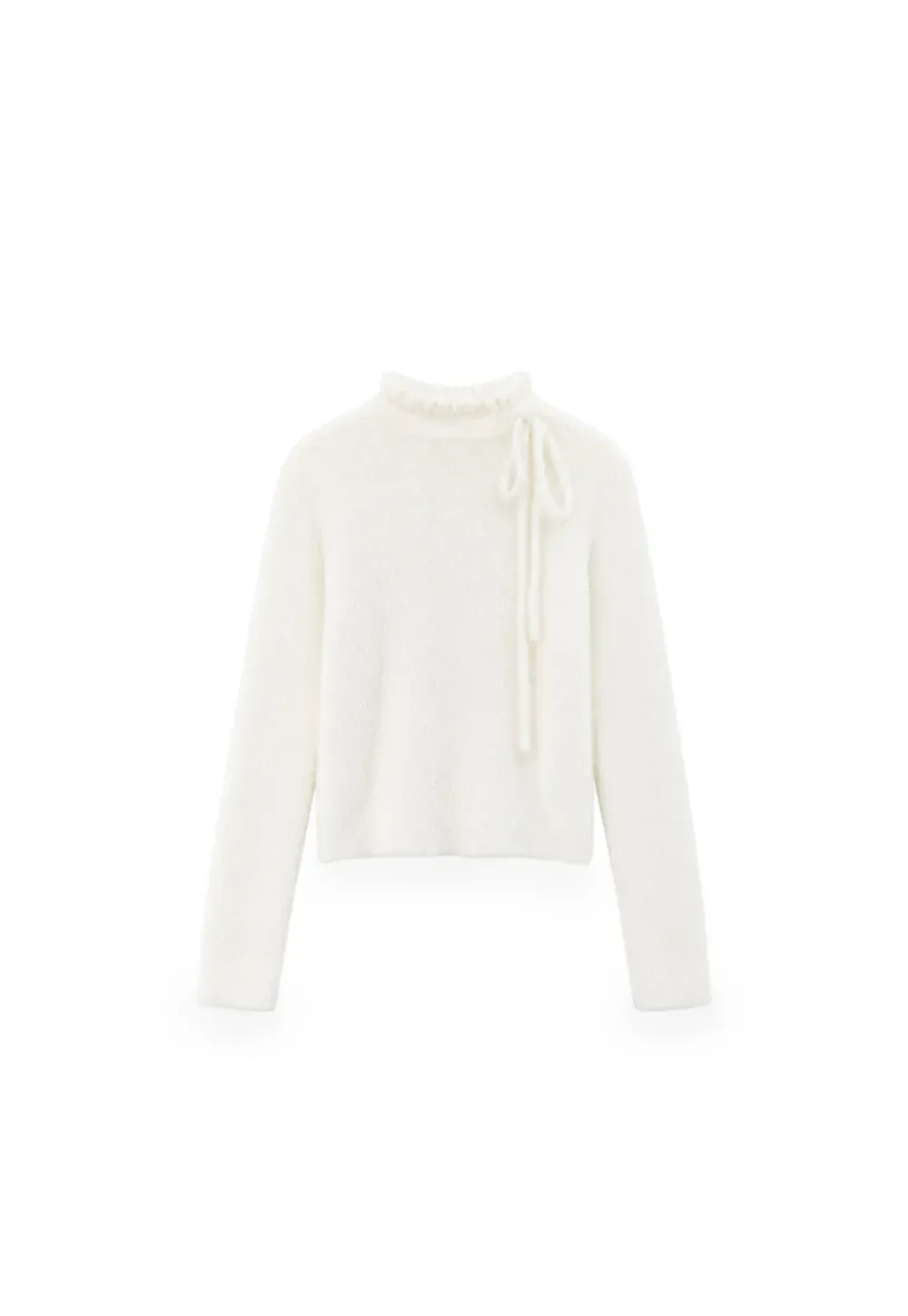 Ruffled High Neck Tie Detail Knit Sweater