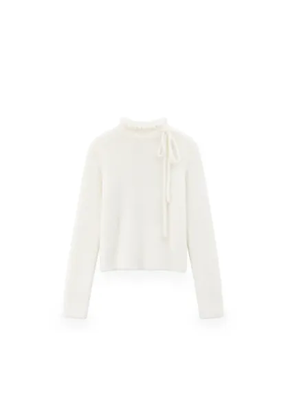 Ruffled High Neck Tie Detail Knit Sweater