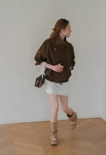 Oversized Collar Short Jacket with Drawstring Hem