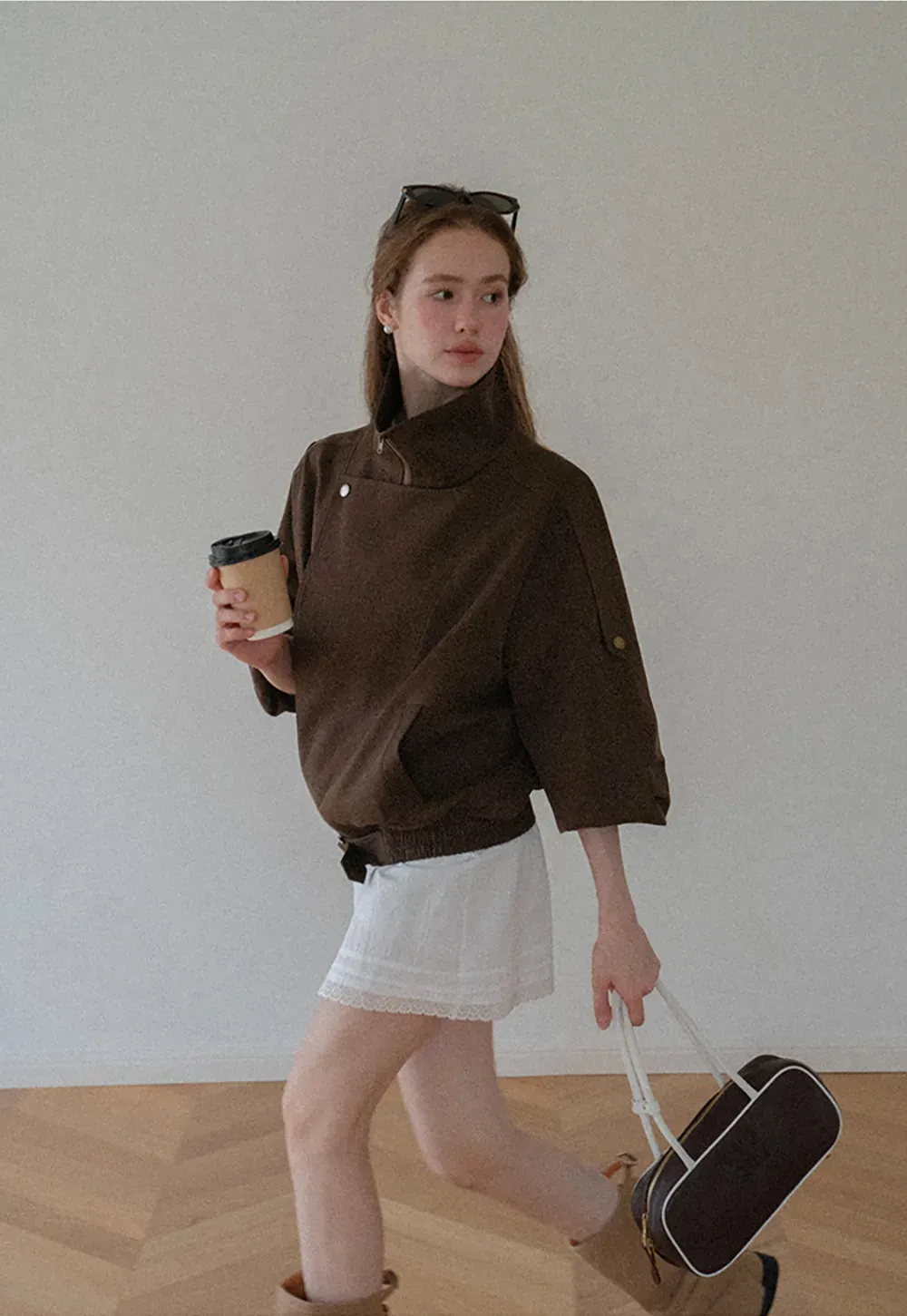 Oversized Collar Short Jacket with Drawstring Hem