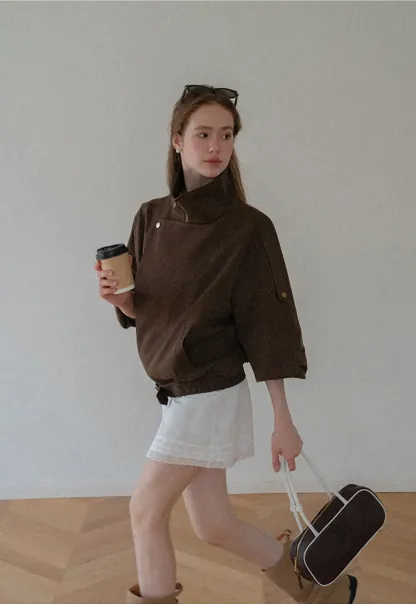 Oversized Collar Short Jacket with Drawstring Hem