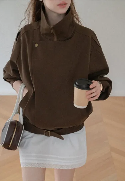 Oversized Collar Short Jacket with Drawstring Hem