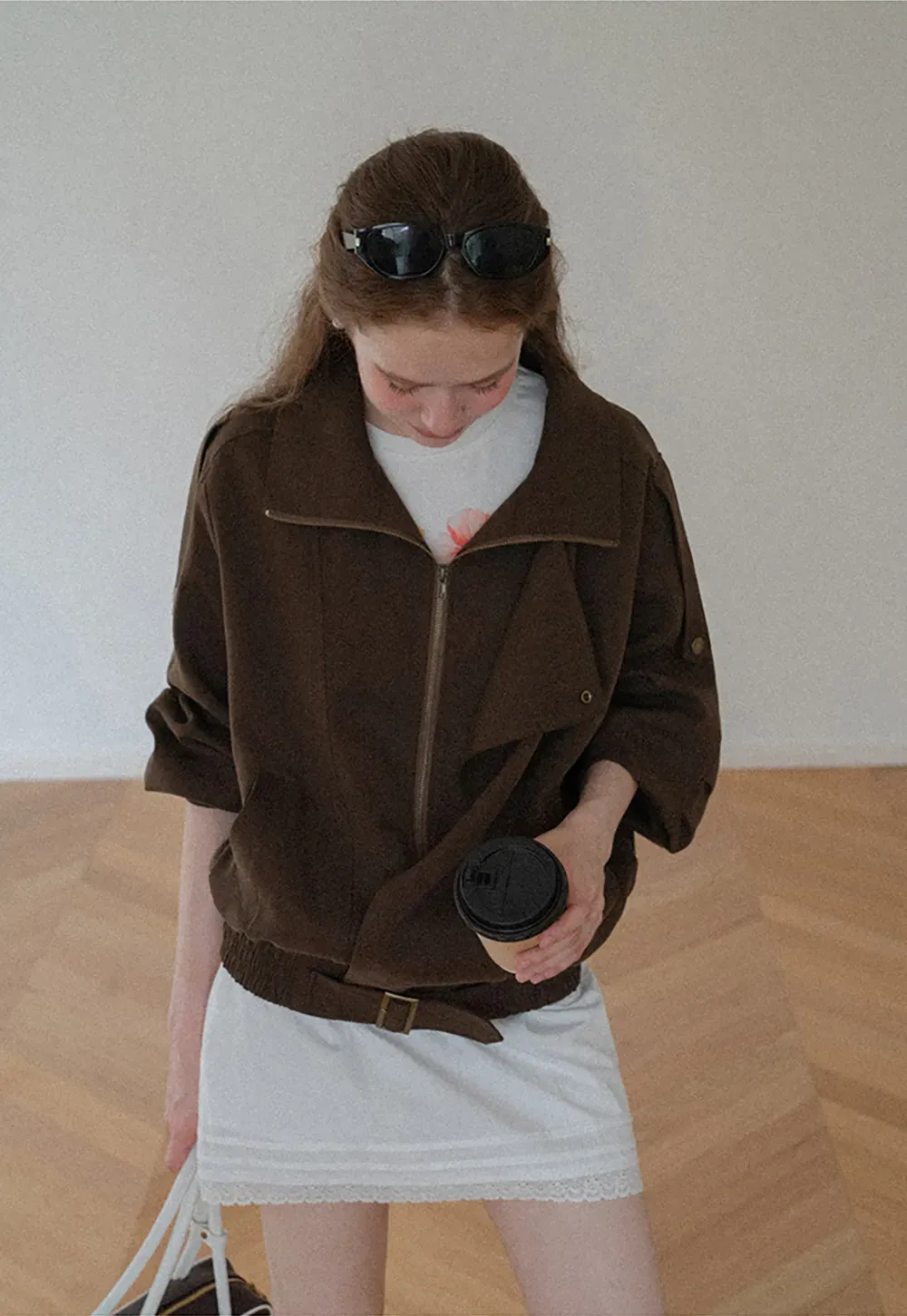 Oversized Collar Short Jacket with Drawstring Hem