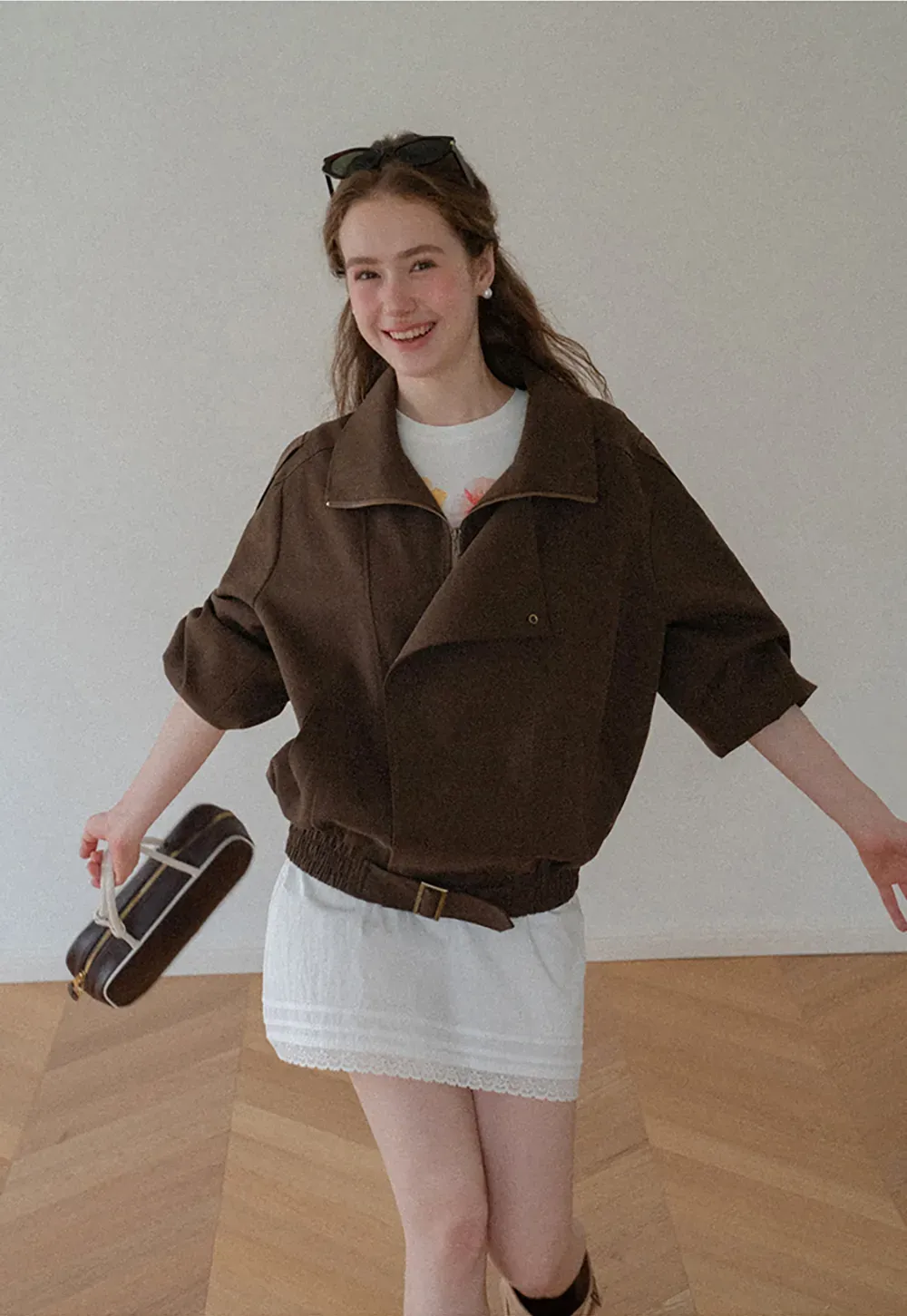 Oversized Collar Short Jacket with Drawstring Hem