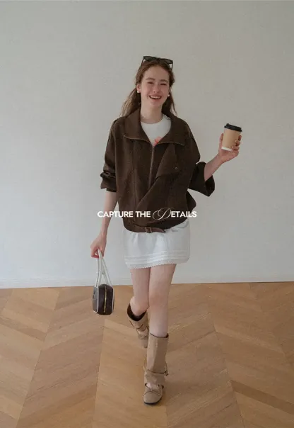 Oversized Collar Short Jacket with Drawstring Hem