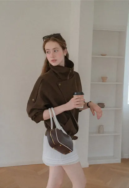 Oversized Collar Short Jacket with Drawstring Hem