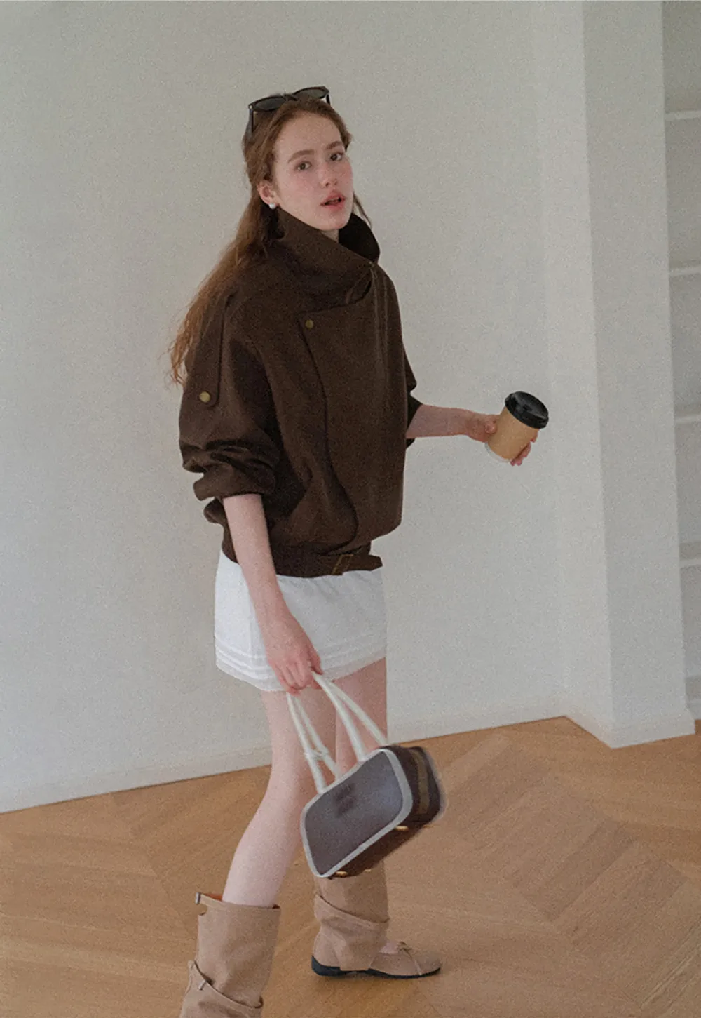 Oversized Collar Short Jacket with Drawstring Hem