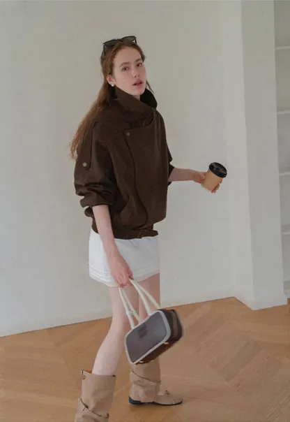 Oversized Collar Short Jacket with Drawstring Hem