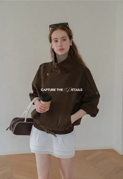 Oversized Collar Short Jacket with Drawstring Hem