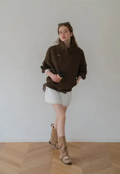 Oversized Collar Short Jacket with Drawstring Hem