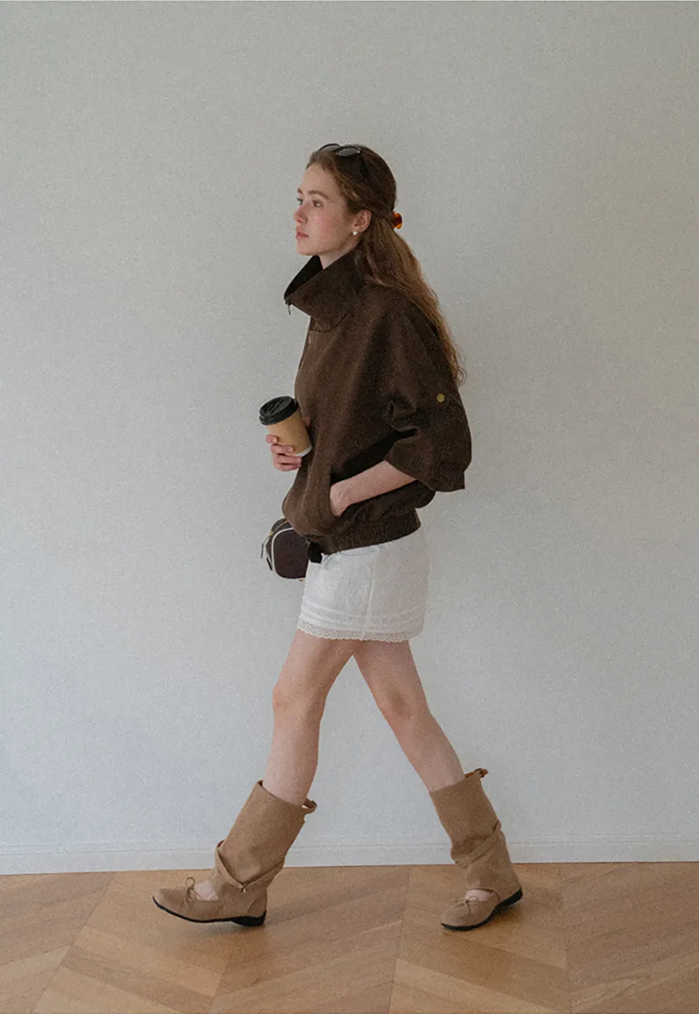 Oversized Collar Short Jacket with Drawstring Hem