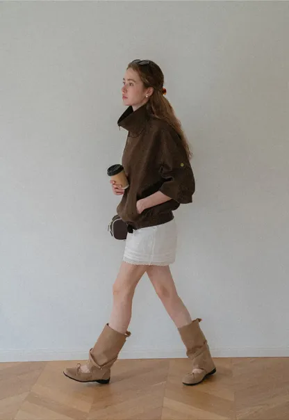 Oversized Collar Short Jacket with Drawstring Hem