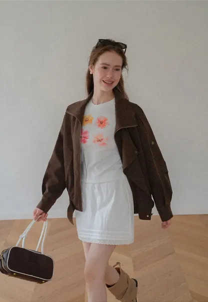 Oversized Collar Short Jacket with Drawstring Hem