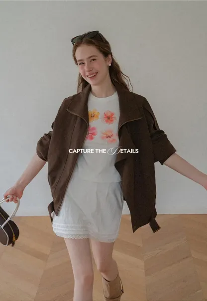Oversized Collar Short Jacket with Drawstring Hem