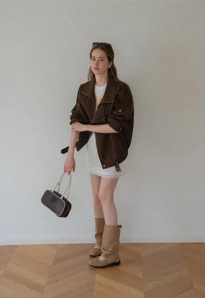 Oversized Collar Short Jacket with Drawstring Hem