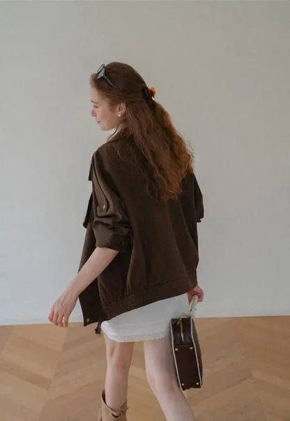 Oversized Collar Short Jacket with Drawstring Hem