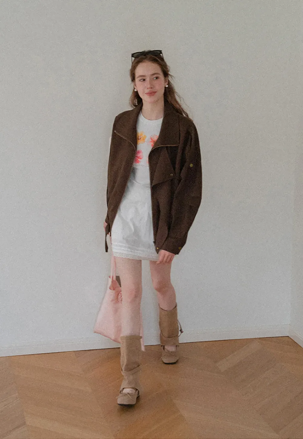 Oversized Collar Short Jacket with Drawstring Hem