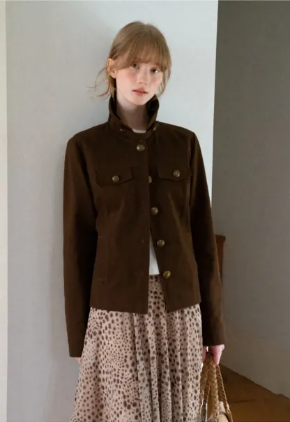 Stand Collar Button Front Short Jacket