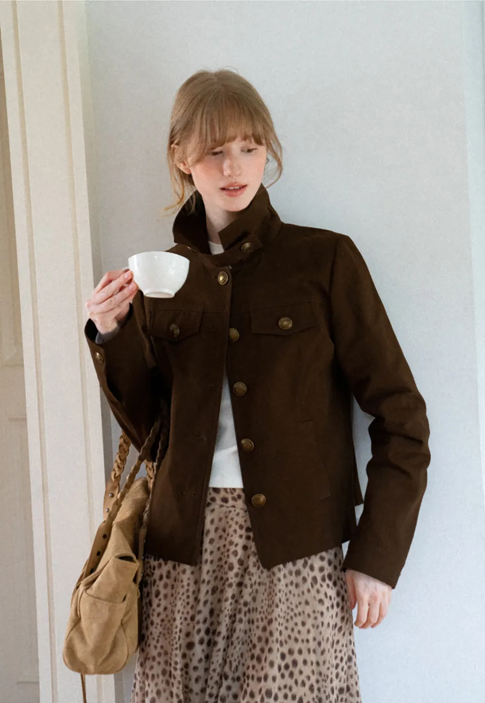 Stand Collar Button Front Short Jacket