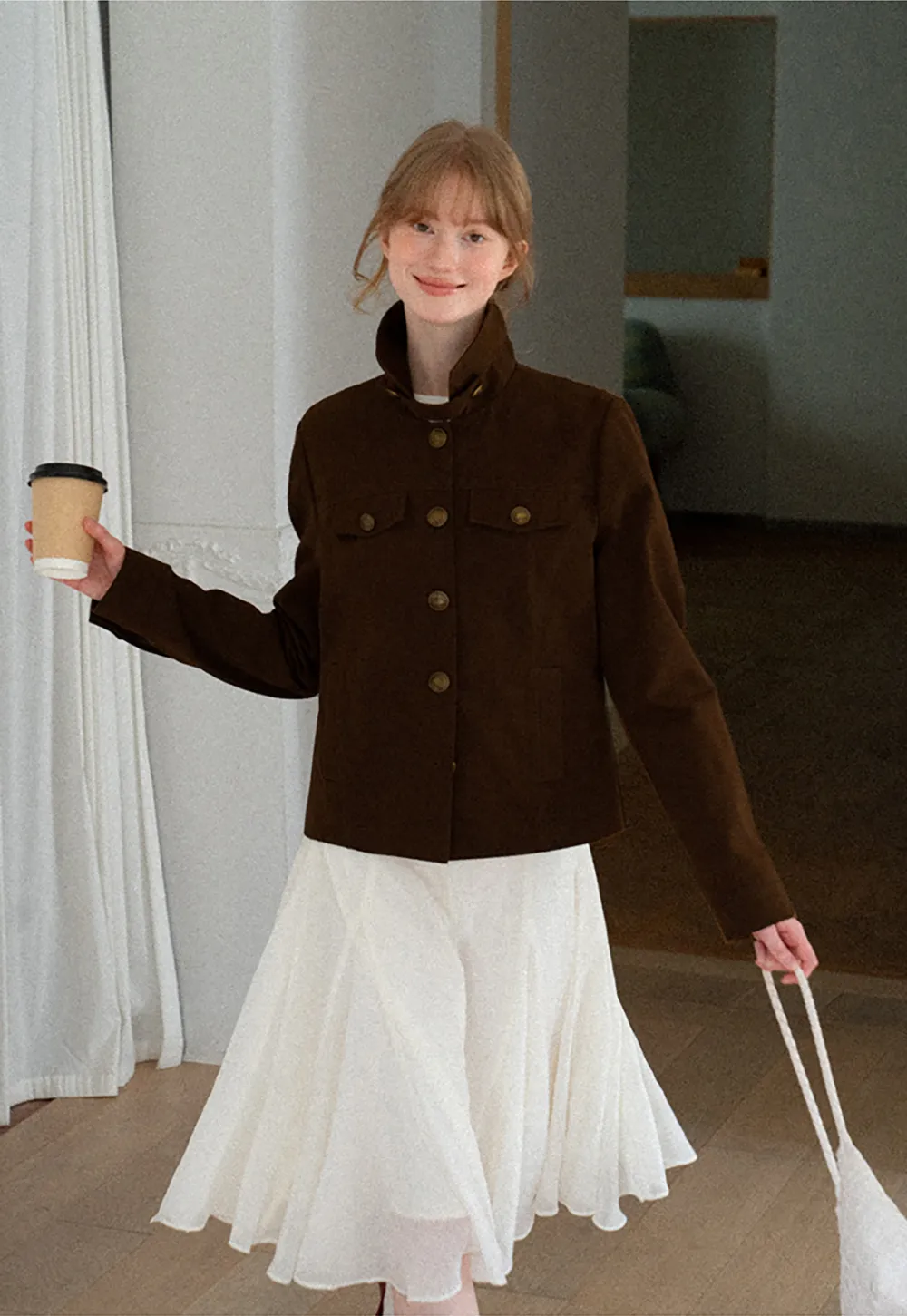 Stand Collar Button Front Short Jacket