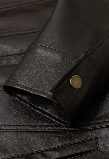 Stand Collar Snap Button Short Leather Jacket