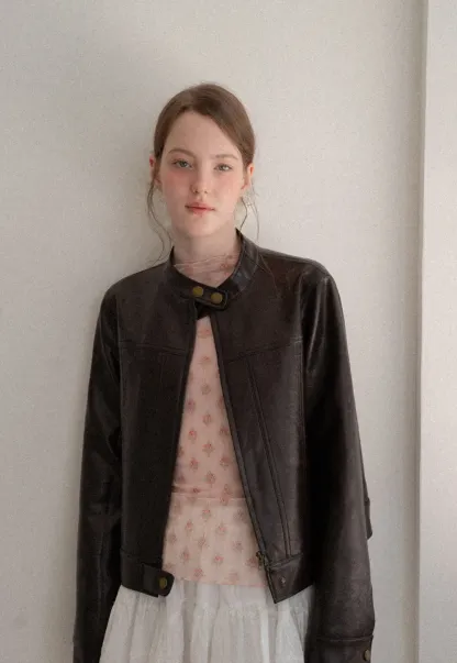 Stand Collar Snap Button Short Leather Jacket