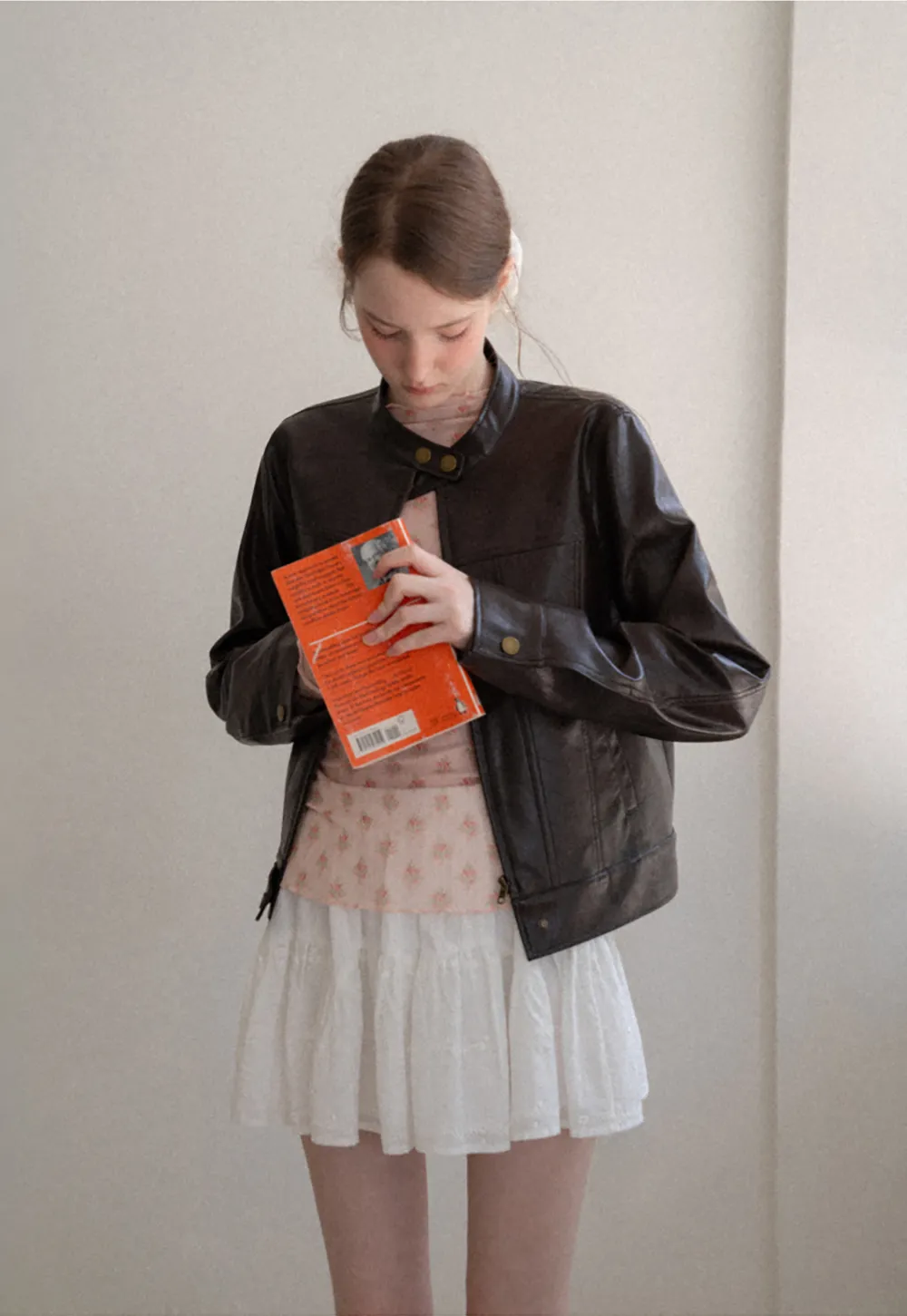 Stand Collar Snap Button Short Leather Jacket