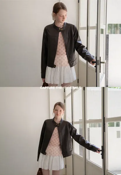 Stand Collar Snap Button Short Leather Jacket