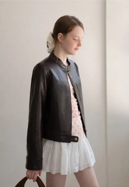 Stand Collar Snap Button Short Leather Jacket