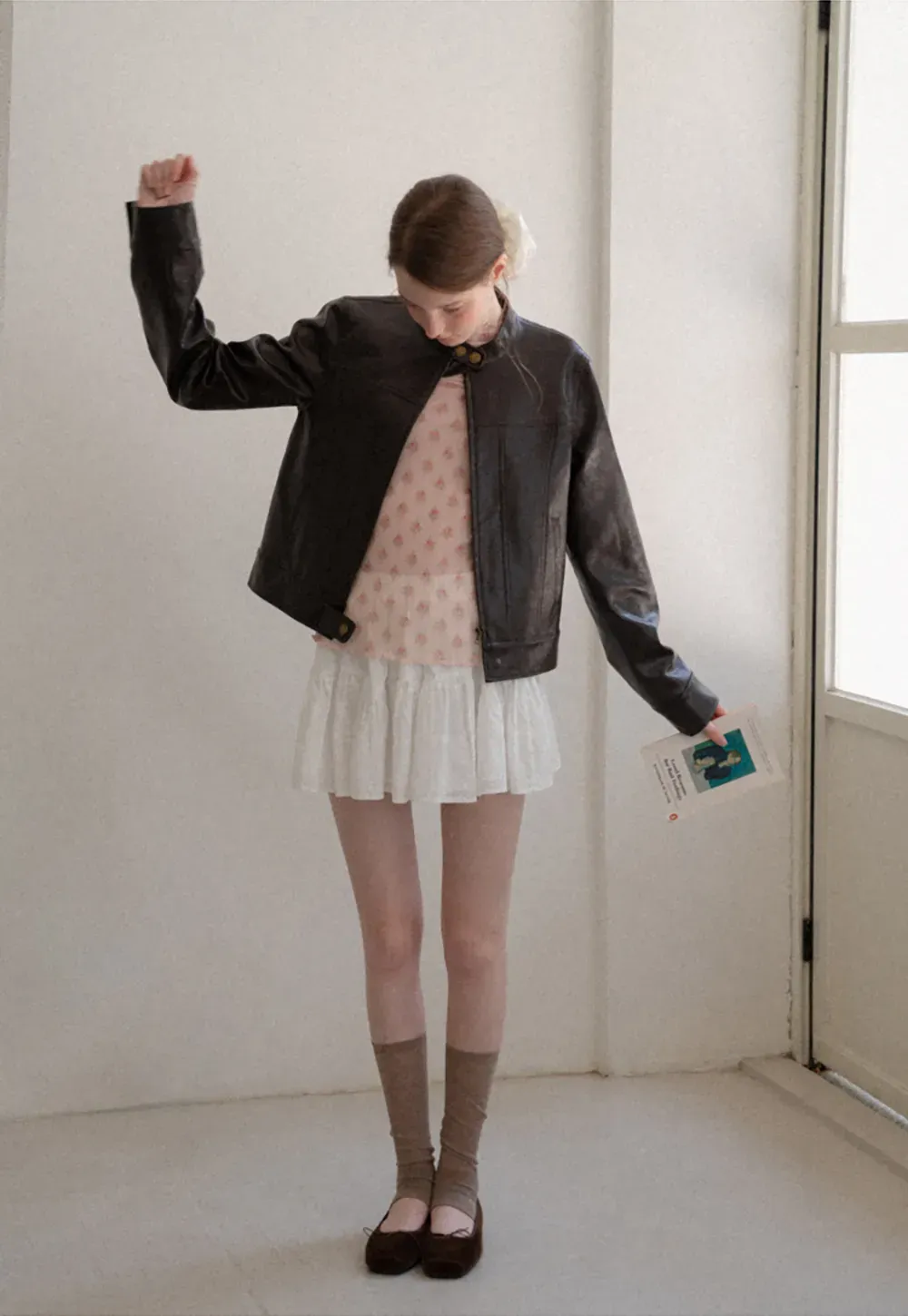 Stand Collar Snap Button Short Leather Jacket