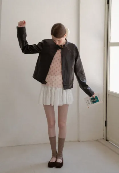 Stand Collar Snap Button Short Leather Jacket