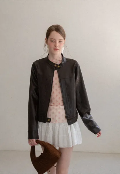 Stand Collar Snap Button Short Leather Jacket