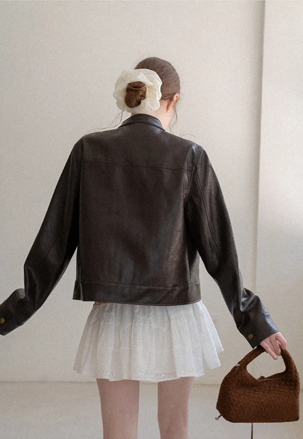 Stand Collar Snap Button Short Leather Jacket
