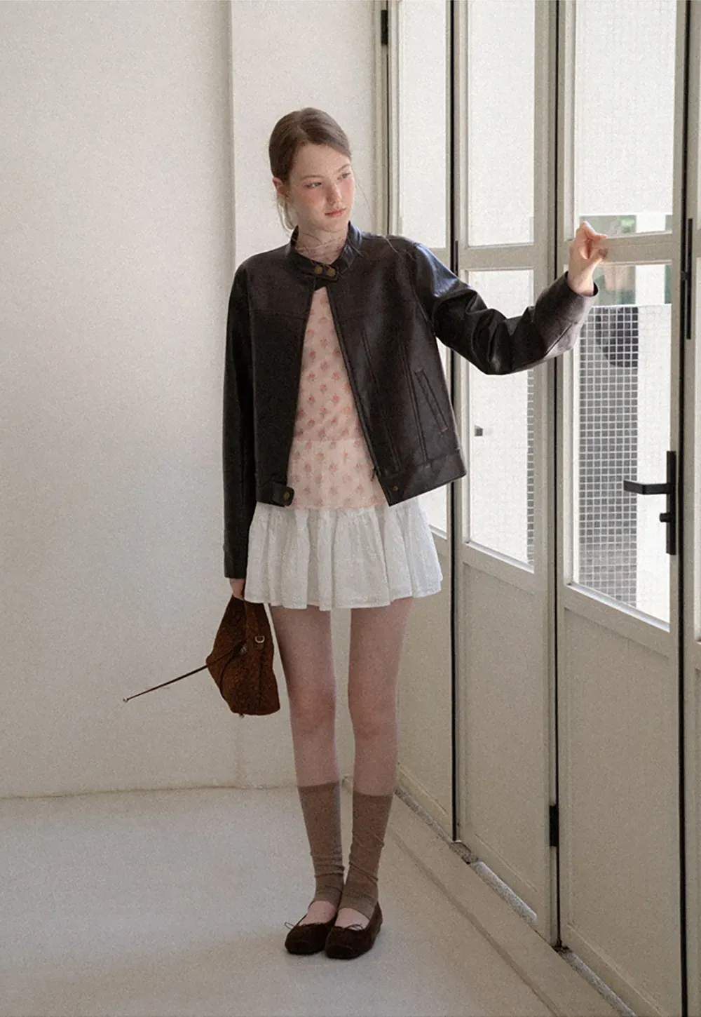 Stand Collar Snap Button Short Leather Jacket