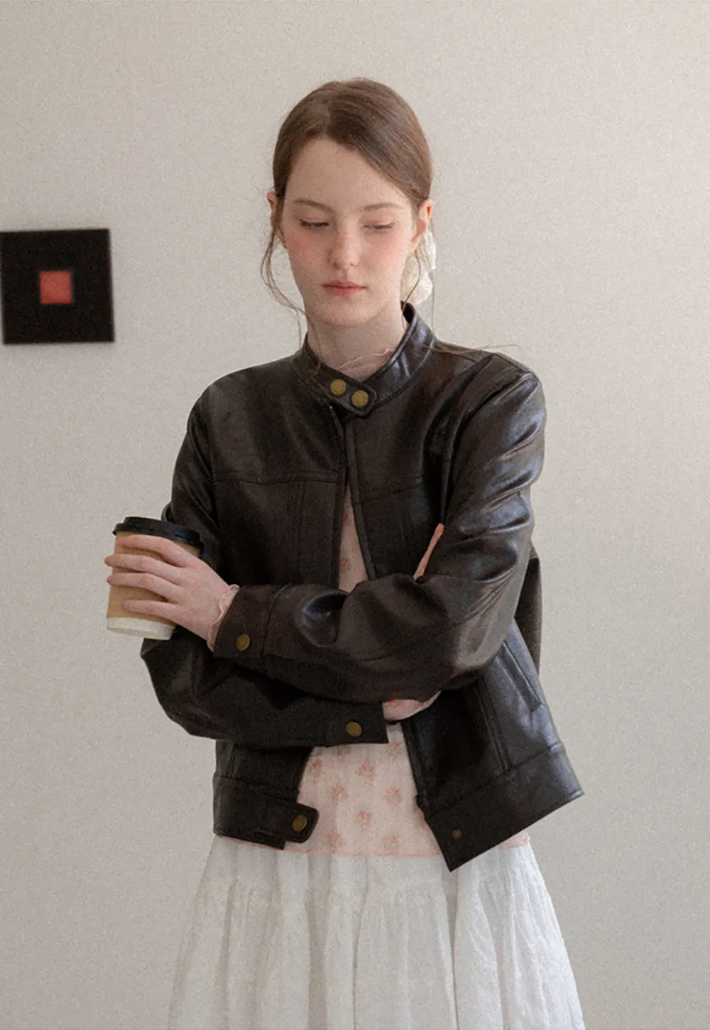 Stand Collar Snap Button Short Leather Jacket
