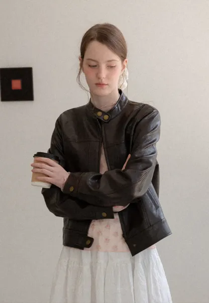 Stand Collar Snap Button Short Leather Jacket