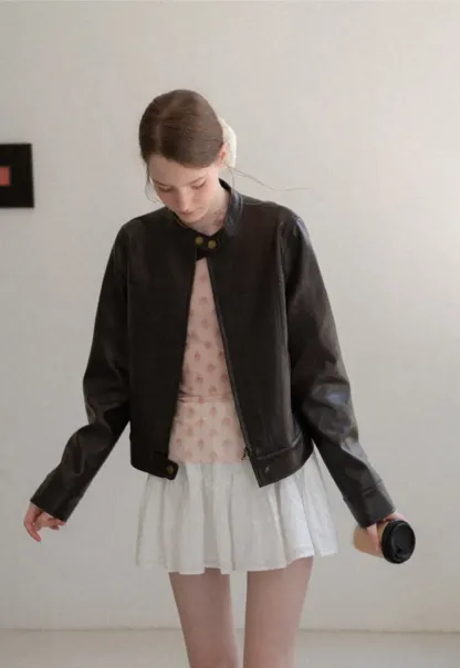 Stand Collar Snap Button Short Leather Jacket